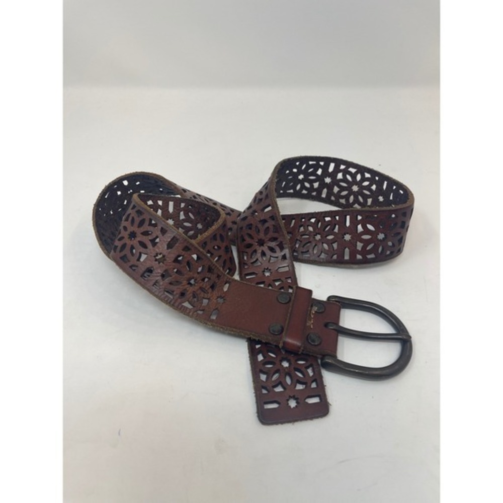 Lucky Brand Leather Belt Women's L Brown Laser Cut Floral Boho Wide - Picture 7 of 7
